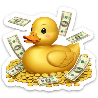 Yellow duck swimming in a pile of gold coins and dollar bills sticker