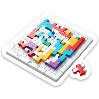 A photorealistic icon with a colorful, fragmented crossword magazine, a 3D puzzle, and a partially completed puzzle on a table. Bright, detailed design with realistic lighting. Transparent background, clearly symbolizing puzzles and brain games. sticker