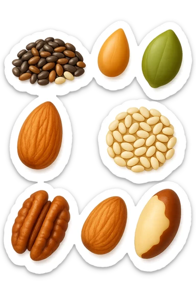 emoji stile iphone 3d di questi elementi che fluttuano in aria:

Semi di chia, lino, zucca, sesamo
Mandorle, noci pecan, noci brasiliane (porzioni limitate)

 che fluttuano sparse casualmente in aria, iperealistico 4k sticker