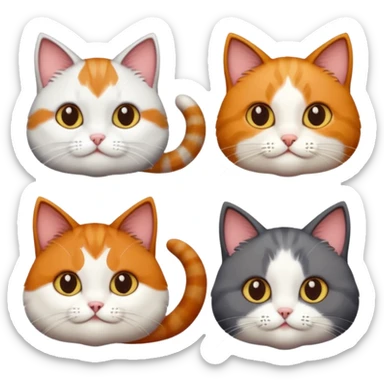 4 different coloured short haired cats including; a dark brown and white cat, and a dark grey and white, and a calico sticker