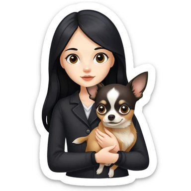 Fair skin girl - long black hair - holding a chihuahua sticker