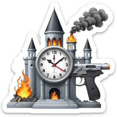 A clock showing 38 minutes, with a smoking gun and a destroyed palace in the background sticker