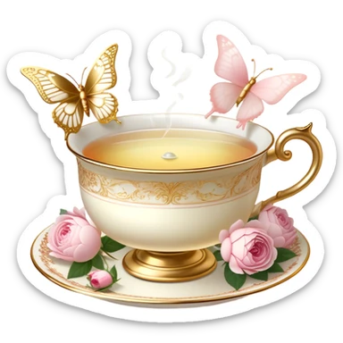 A charming, softly lit evening tea scene, where an ornate golden tea strainer rests atop a delicate ivory teacup filled with rose-infused tea, fresh blush roses and white peonies scattered around, while a pearl butterfly hovers above the steam.
 sticker