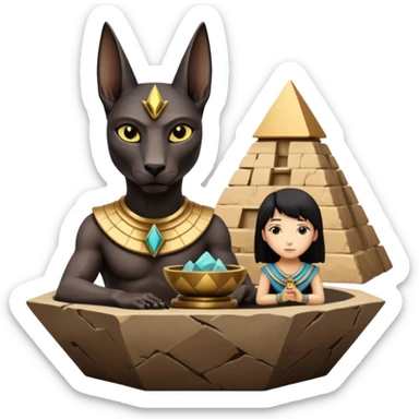 Kindly alien Protecting silky black-haired tiny statuette scale Anubis and pyramid scenery stone-age cracked irregular dodecagon bonsai pot  sticker
