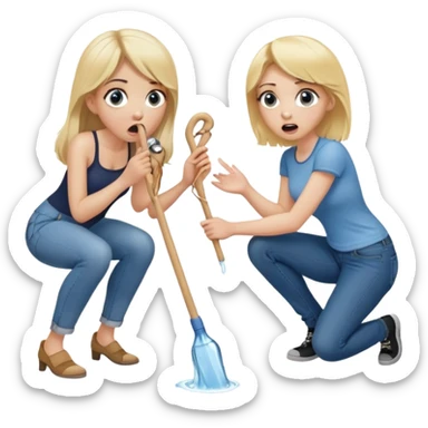 blond woman sitting on her knees with wide eyes, another man in jeans is staying (not sitting) on her left, she's holding a wide skin-colored stick with a D-shaped knob, the stick and the nob have skin texture, water squirting from the knob into her mouth, shocked face sticker