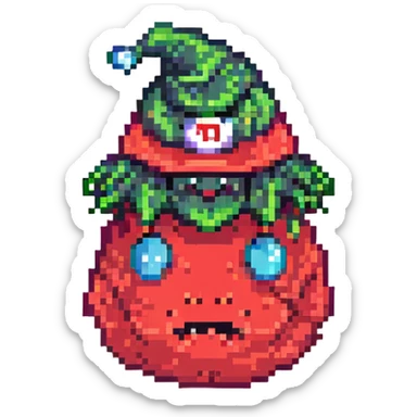 Add a red hat that says 'MAGA' in white letters to the slime monster, keep pixel art style, with no background. sticker