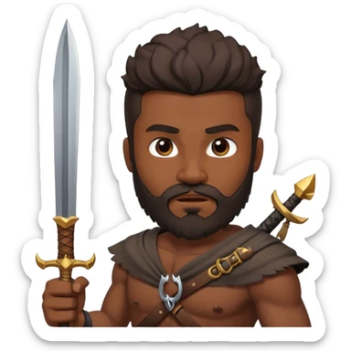 un hombre con barba con cara feroz. con una Daga una lanza y un arco sticker