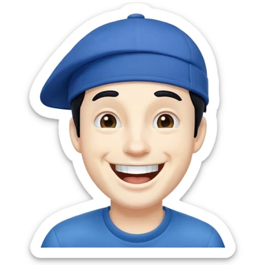man with black hair and white skin wearing a blue cap hat, laughing sticker