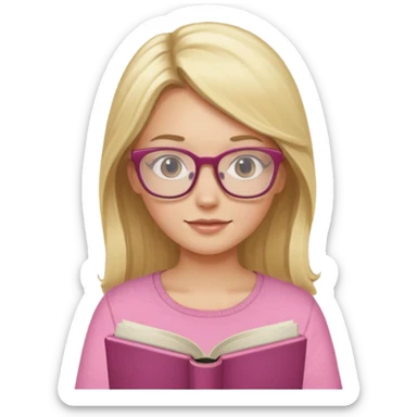 long hair blonde girl pink top with glasses reading sticker
