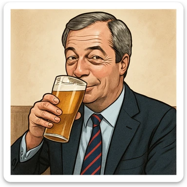 Nigel Farage sipping a pint of lager, realistic cartoon style sticker