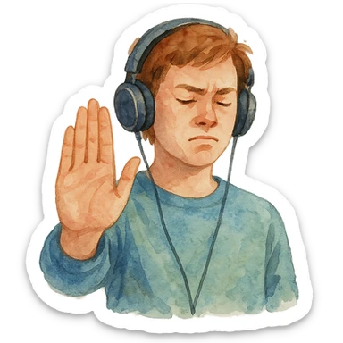 watercolor style person in headphones showing a refusal sign sticker