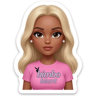 doll body , dark brown eyebrows, dark skin girl, pearl earrings stud, Long giant lashes, bimbo, black doll eyes, barbie, dark brown skin, with blonde hair, big breast, pink 2000s t shirt says on the sparkling text “bimbo blunt” on playboy logo sticker