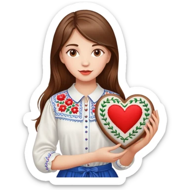 Beautiful young girl with brown hair in a white Ukrainian embroidered shirt holding a large embroidered heart sticker