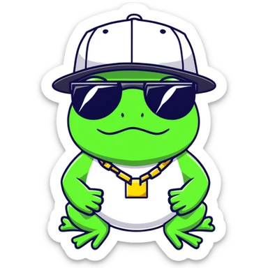 thug life frog with pixelated black sunglasses, gold chain, snapback hat, tough gangster pose sticker