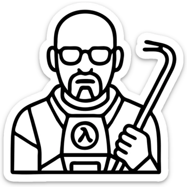 Walter White as Gordon Freeman, outlined icon, glasses, HEV suit, crowbar sticker