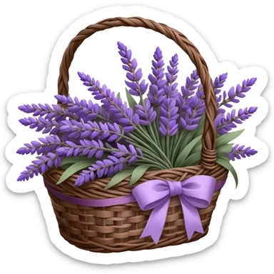 A carefully arranged lavender bouquet, interwoven with hints of muted wisteria and smoky violet, rests inside a vintage wicker basket, its stems spilling over in a cascade of soft, fragrant beauty. A loosely draped silk ribbon in shades of lavender and aubergine weaves through the handle, catching the light as it gently sways in the breeze.
 sticker