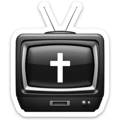 Minimalist emoji-style sticker of a CRT TV in the shape of a coffin, with a cross or static noise on the screen. Desaturated design.  sticker