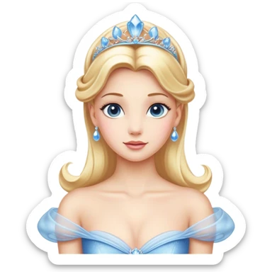 Cinematic Elegant Cinderella Portrait Emoji, rendered in a cinematic, vector-style with minimal shading and bold, simplified shapes. Depict Cinderella in her classic ball gown (chest and above) with fair, porcelain skin and elegantly styled blonde hair, her eyes soft and kind, and her expression serene and graceful. The design glows with a gentle, enchanting radiance and high shine, capturing the timeless beauty of a fairy tale princess. sticker