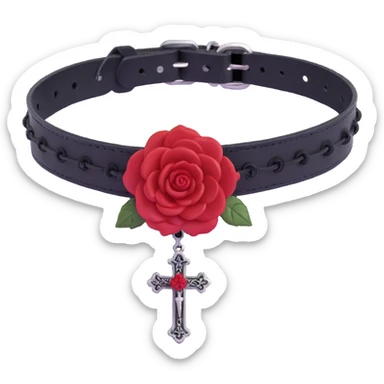 gothic choker with crimson velvet band, black cross pendant, deep red rose centerpiece, dramatic and gothic sticker