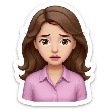 girl with wavy long brown hair, brown eyes, light to medium complexion, long lashes, light pink lipstick, wearing light pink shirt, shrugging, confused sticker