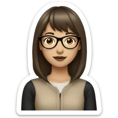a girl with medium-length brown hair and straight bangs and brown eyes wearing black glasses and beige clothes reminding a fish in its style sticker