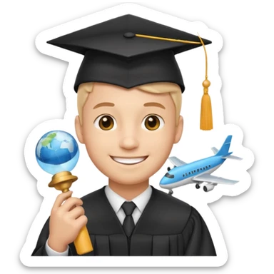 emoji man student at university with graduation cap and airplane, happy, white background sticker
