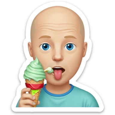 Bald man with blue eyes putting a mint ice cream cone in his mouth sticker