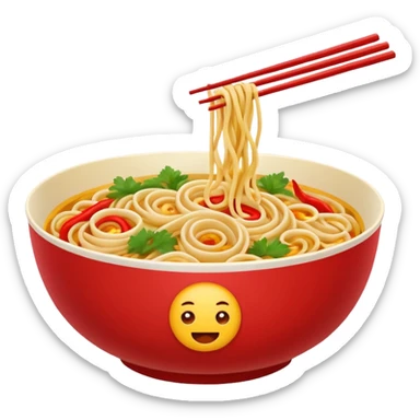 Chinese cuisine humanless avatar in bright emoji-style illustration. Noodles bowl, red and gold colors, simple shapes, flat design, bold and energetic. sticker