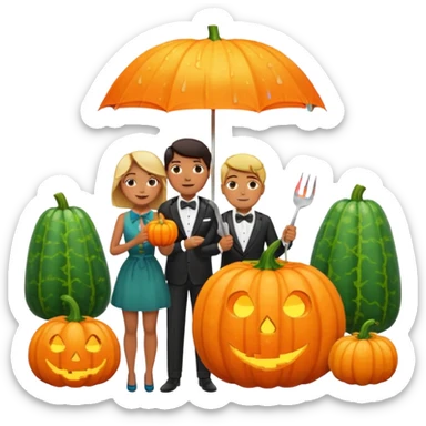 Make a guy hugging a giant pumpkin with a fork in his right hand while there's fire while there's a lady watching while it's raining while there's an umbrella on the ground that's alive and the sun has a bow tie on his neck sticker