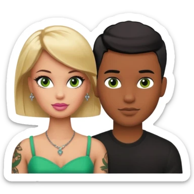 Brown skin blonde hair barbie with her boyfriend with black short hair and green eyes with tattoos sticker