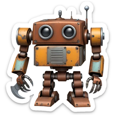 Rusted scavenger robot with patchwork body plates and collection tools attached sticker
