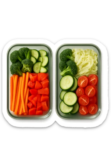 verdure tagliate e sistemate in due schiscette di vetro viste dall'alto, iperrealistico 4k sticker