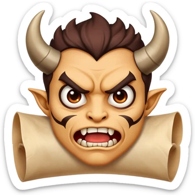 cartoon face holding a scroll parchment in mouth like a Demon Slayer character sticker