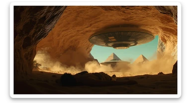 cinematic still, documentary photography, acient egypt, back shot of a man dress in ancient clothes in cave (frame in frame effect) on ground laying front of small ufo starship, sand flying around, palms, dynamic scane, leading lines, captured by arri alexa, depth layers, piramids in babckground sticker