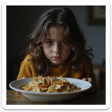 donna triste che mangia insalata, espressione triste, iperrealismo 4K, variazione 5 sticker