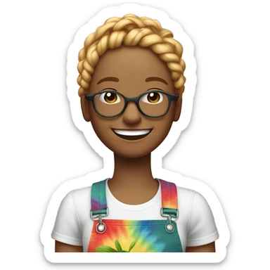 gardening lady with two red and blonde braids and tie-dye t-shirt and glasses white skin and big smile sticker