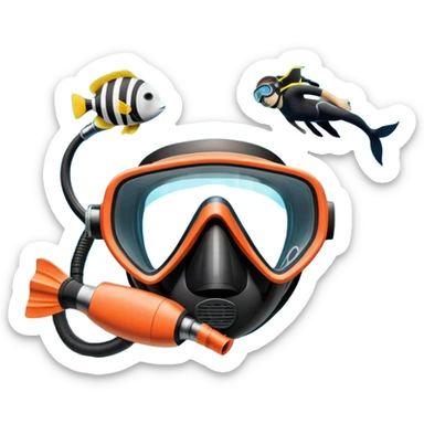 An icon featuring a close-up of a diving mask, snorkel, and fins floating on the surface of vibrant blue water. In the background, coral reefs and tropical fish create a lively underwater scene. Transparent background highlights the beauty and adventure of the diving experience. sticker