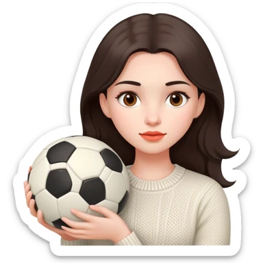 pale girl with soft and long dark brown hair and dark brown eyes, coral-colored lip, Holding a soccer ball, Wearing ivory knitwear with no graphics or pattern sticker