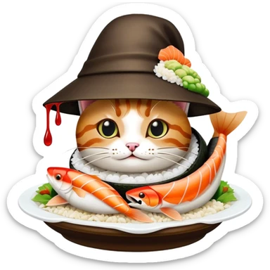 cat wearing a sushi hat with rice base, multiple fish pieces on top, wasabi accent, and lots of soy sauce heavily dripping down the sides, abundant sauce flowing from sushi hat sticker