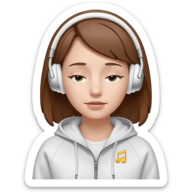 A clean, minimal emoji-style illustration of a white girl with brown hair worn loose. Her eyes are closed while listening to music with silver AirPods Max. She’s wearing a white zip-up hoodie. Smooth 3D emoji style, soft lighting, neutral tones. sticker