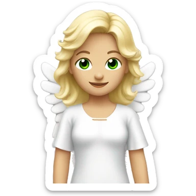 blonde girl. green eyes. pretty. smiling. wearing an angel costume with angel wings sticker