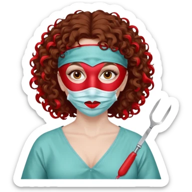 Lilith symbol seductress evil surgeon. Hair curly, and brown. Long curly brown hair. Red surgical mask and hair covering. She works for cartel and kills  with a scalpel. sticker