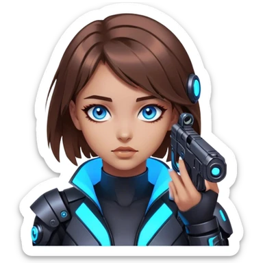 Neon cyberpunk style 
girl with brown hair and blue eyes 
shoots sticker
