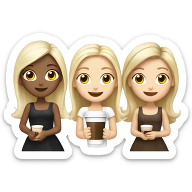 Four beautiful white european girls, one with blond hair and two dark blond hair in dresses have coffee sticker