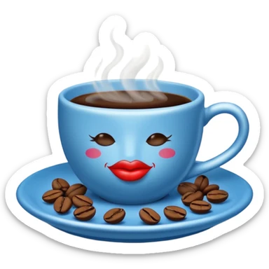 A steaming cup of coffee is visible. The blue cup has a kissing lips print and sits on a blue saucer filled with coffee beans. sticker