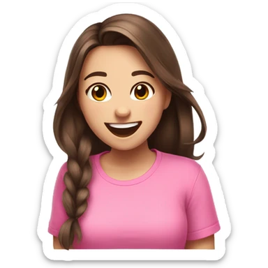 streamer girl with brunette hair laughing that is wearing a pink tshirt with a butterfly i sticker