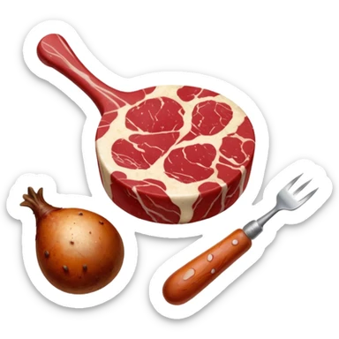 A raw red steak with visible marbling placed next to a small chicken drumstick. sticker