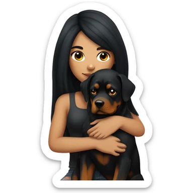 Girl with long black hair and tattoos cuddling her Rottweiler sticker