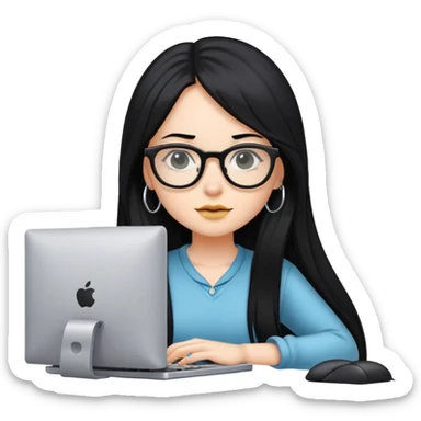 Girl with long black hair, glasses, nostril piercing, and a computer sticker