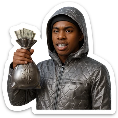 Create a character inspired by the person in the reference image with realistic brown skin tone and natural facial features. Dress him in a chrome patterned hooded jacket with a less shiny, more matte metallic finish. He is holding a chrome brown money bag with a subtle metallic look in the correct hand (opposite of the previous version), with realistic US dollar bills coming out. The character has visible grills and a confident expression. Only the jacket and money bag are chrome and less shiny; the face and hands look natural. Background is transparent. sticker